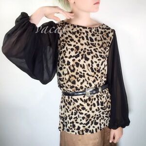 Vince Camuto Leopard Print Blouse with Sheer Black Sleeves